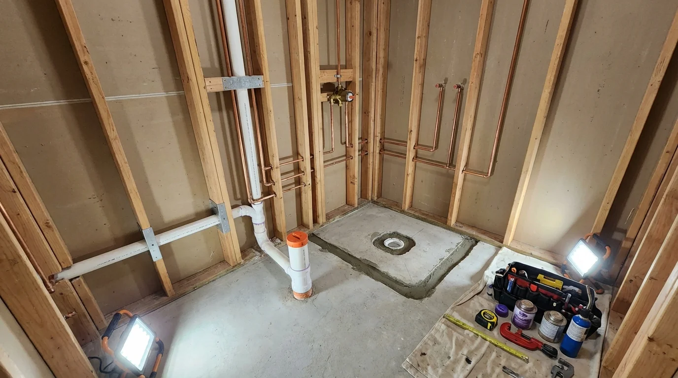Bathroom rough-in plumbing during remodel by Johns Plumbing LLC in Lawai