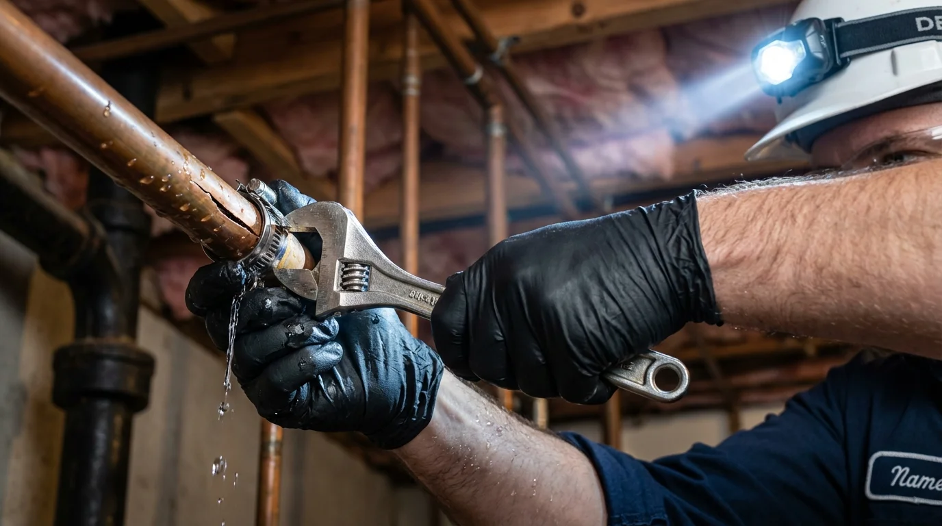 Emergency pipe clamp repair being performed by a Johns Plumbing LLC plumber in Lawai