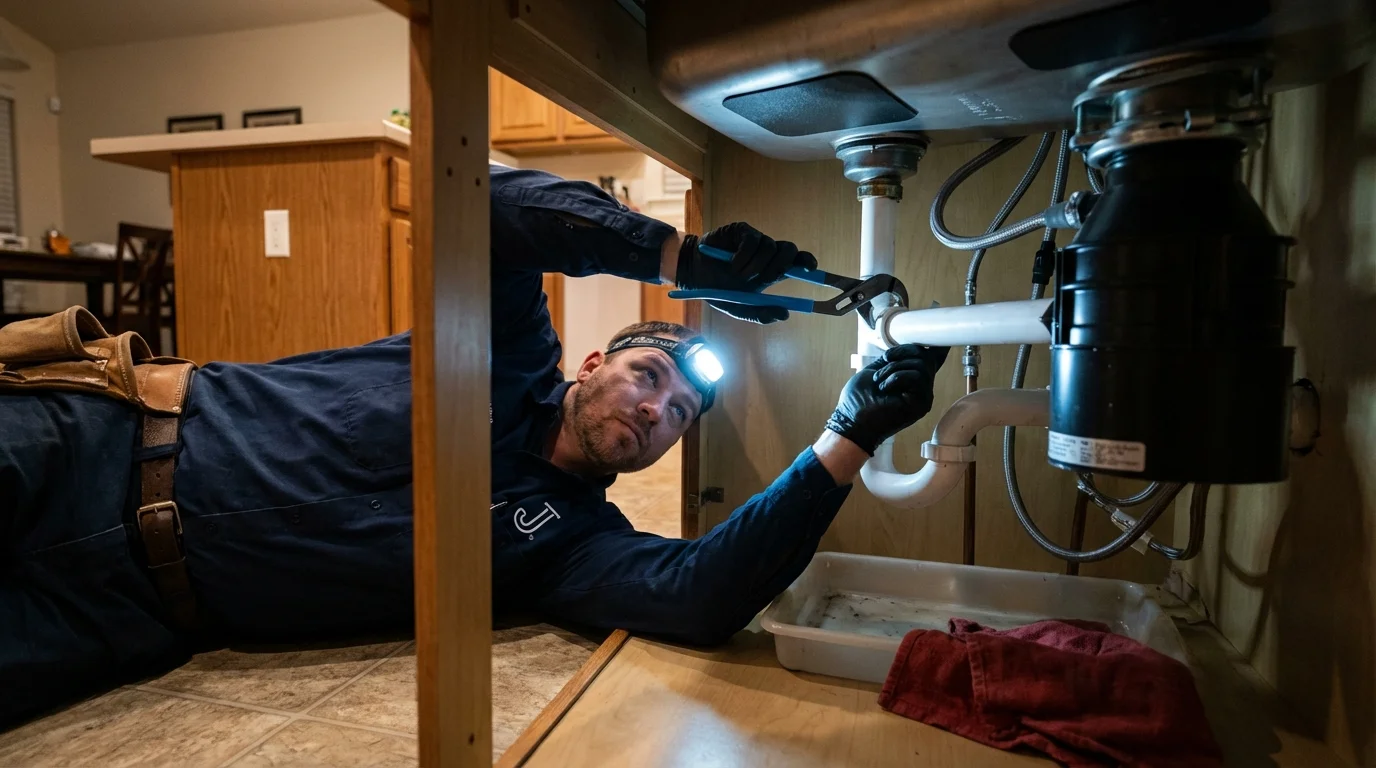 P-trap and supply line connections under a kitchen sink showing a common leak point in Lawai, HI